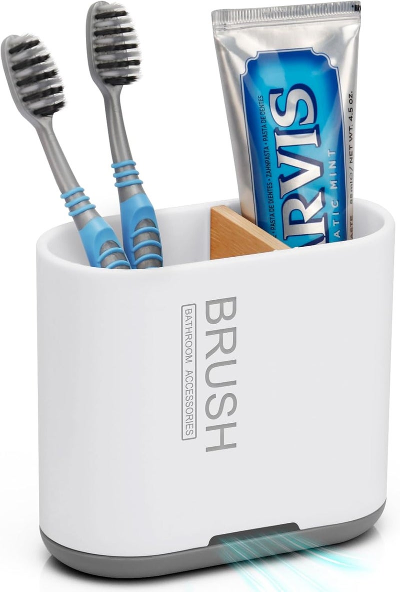 Chintu Toothbrush and Toothpaste Holder with Bamboo Divider for Bathroom Countertop Organizer, Detachable for Easy Clean, 2 Slots Electric Toothbrush Holders Storage Caddy Drainage for Family-White - Image 1